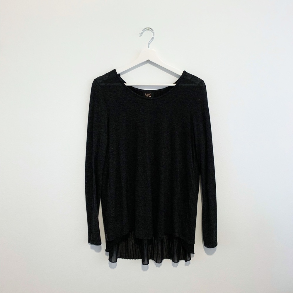 W5 Womans Long Sleeve Knit Blouse Pleated Chifon Detail Vintage Charcoal Gray XL